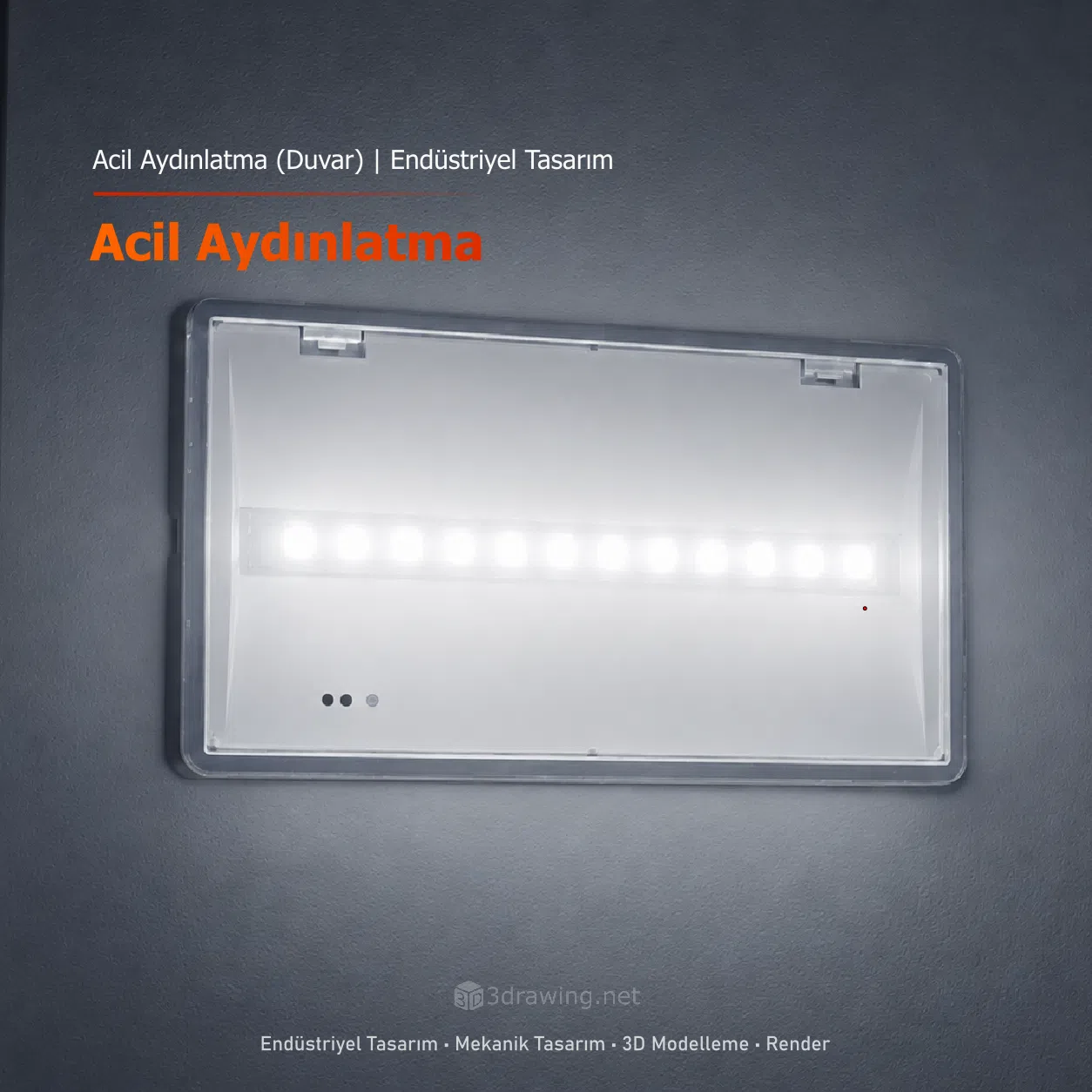 Duvar Tipi LED Acil Aydınlatma Armatürü Tasarımı Elektrik kesintilerinde otomatik devreye giren, geniş açılı lens yapısı ile maksimum alan aydınlatması sağlayan, IP koruma standartlarına uygun endüstriyel armatür tasarımı ve 3D görselleştirme.