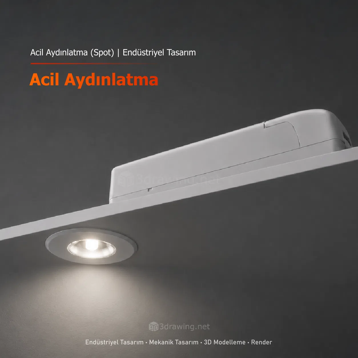 Gömme Tip (Spot) Acil Aydınlatma Ünitesi Asma tavan ve benzeri yüzeylere entegre edilebilen, minimalist gövde tasarımına sahip, yüksek verimli LED sürücü devresi ve mekanik montaj detayları Solidworks ile hazırlanan spot aydınlatma projesi.