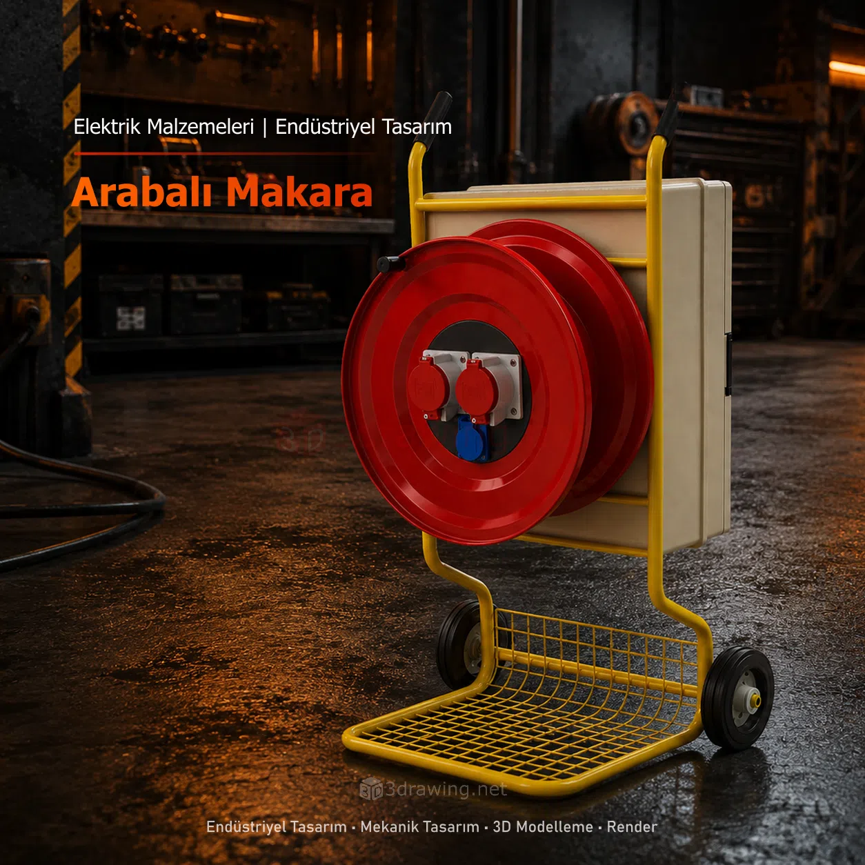 Endüstriyel Arabalı Kablo Makarası Şantiyeler ve atölyeler için tasarlanmış, taşıma kolaylığı sağlayan ergonomik arabalı kablo makarası ve taşıma sistemi tasarımı.