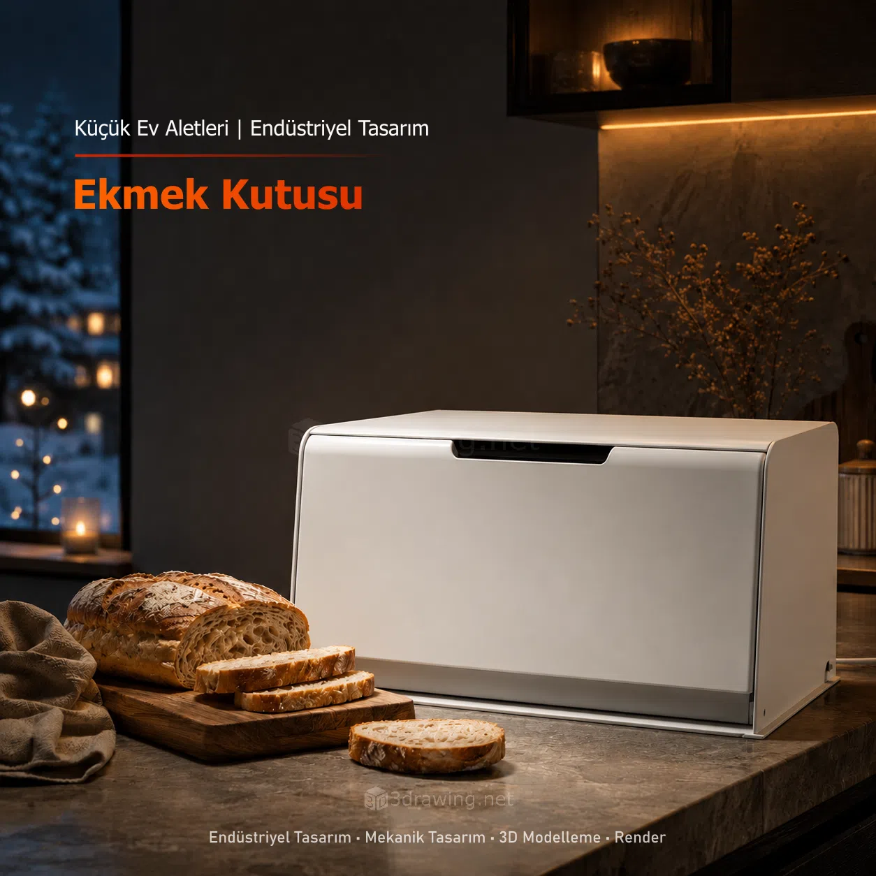 Mutfak Aksesuarları - Modern Ekmek Kutusu Fonksiyonel kapak yapısına sahip, metal veya plastik döküme uygun şekilde form verilmiş, mutfak tezgahlara estetik katan modern ekmek kutusu tasarımı.