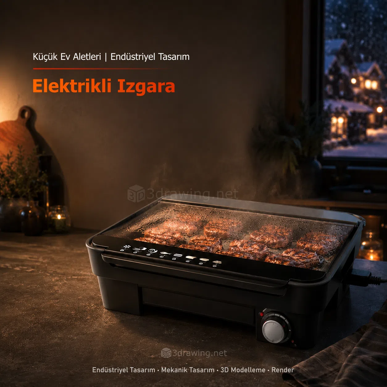 Elektrikli Izgara ve Pişirme Ünitesi Tasarımı Mutfak kullanımına uygun, kompakt yapıda ve temizlemesi kolay yüzey formlarına sahip elektrikli ızgara endüstriyel tasarımı. Solidworks ile gövde modelleme ve detaylandırma