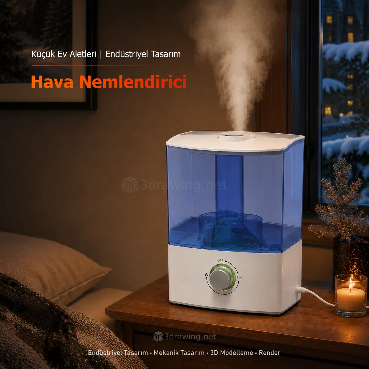 Ultrasonik Hava Nemlendirici Tasarımı Yaşam alanları için minimalist ve şık bir görünüme sahip, su haznesi ve kontrol mekanizmaları Solidworks ile detaylandırılmış hava nemlendirici ürün tasarımı.