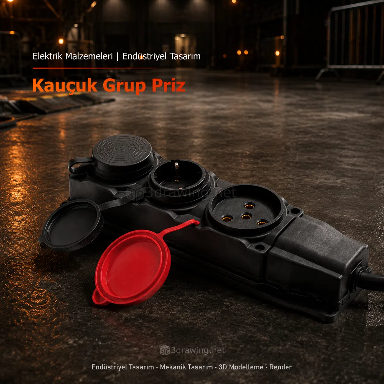 Sanayi Tipi Kauçuk Grup Priz Tasarımı Ağır hizmet şartlarına uygun, yüksek dayanımlı kauçuk gövde yapısına sahip, Solidworks ile seri üretime yönelik tasarlanmış grup priz projesi.