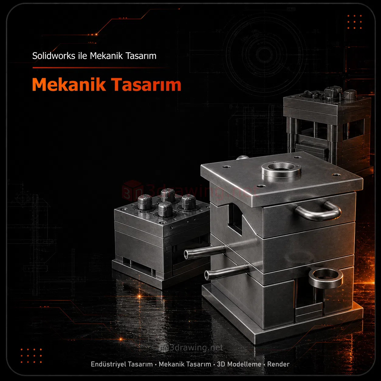 Solidworks ile makine tasarımı, kalıp modelleme ve teknik detaylandırma çalışmaları.