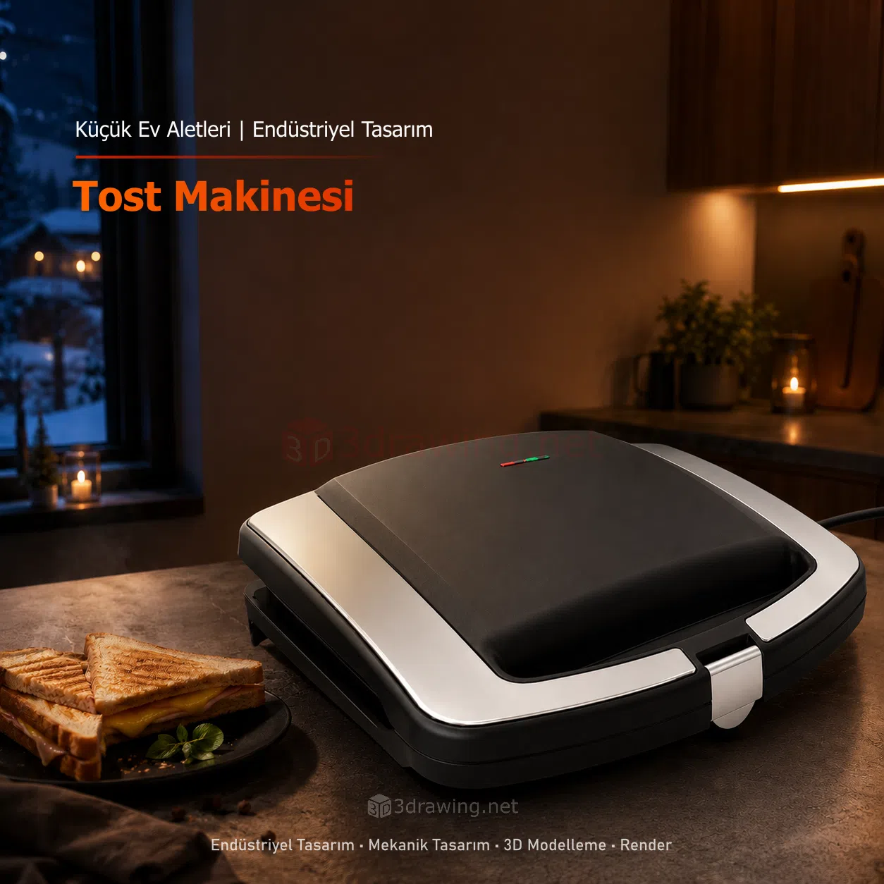 Kompakt Tost Makinesi ve Endüstriyel Tasarım Ergonomik tutma sapı ve modern hatlarıyla dikkat çeken, seri üretime uygun parça yapısına sahip tost makinesi tasarımı. Mekanik detaylar ve fotogerçekçi sunum.