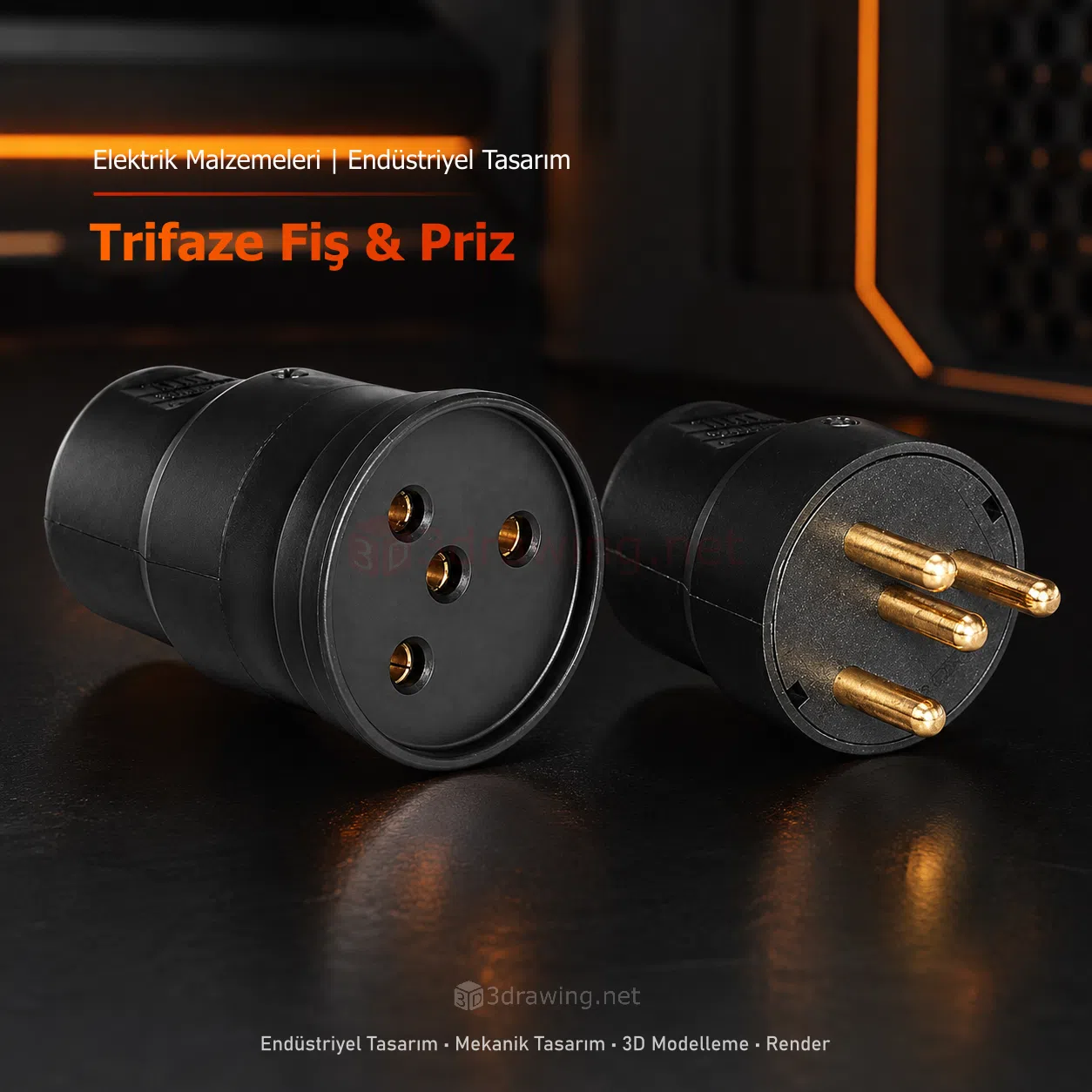 Endüstriyel Trifaze Fiş ve Priz Takımı Yüksek akım kapasiteli, endüstriyel tesisler için tasarlanmış trifaze fiş ve priz setinin 3D ürün tasarımı ve fotogerçekçi görselleştirmesi.