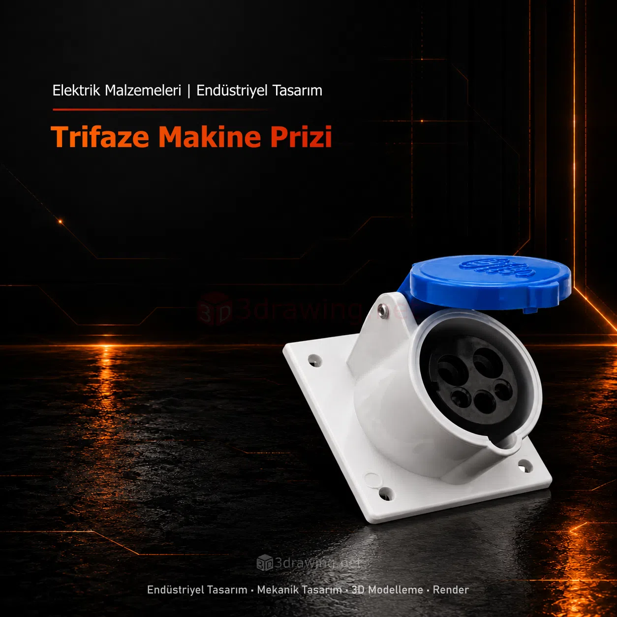 Makine Tipi Trifaze Pano Prizi Elektrik panoları ve makineler üzerine monte edilebilen, kapaklı ve koruma sınıflarına uygun trifaze makine prizi tasarımı ve teknik çizimi.