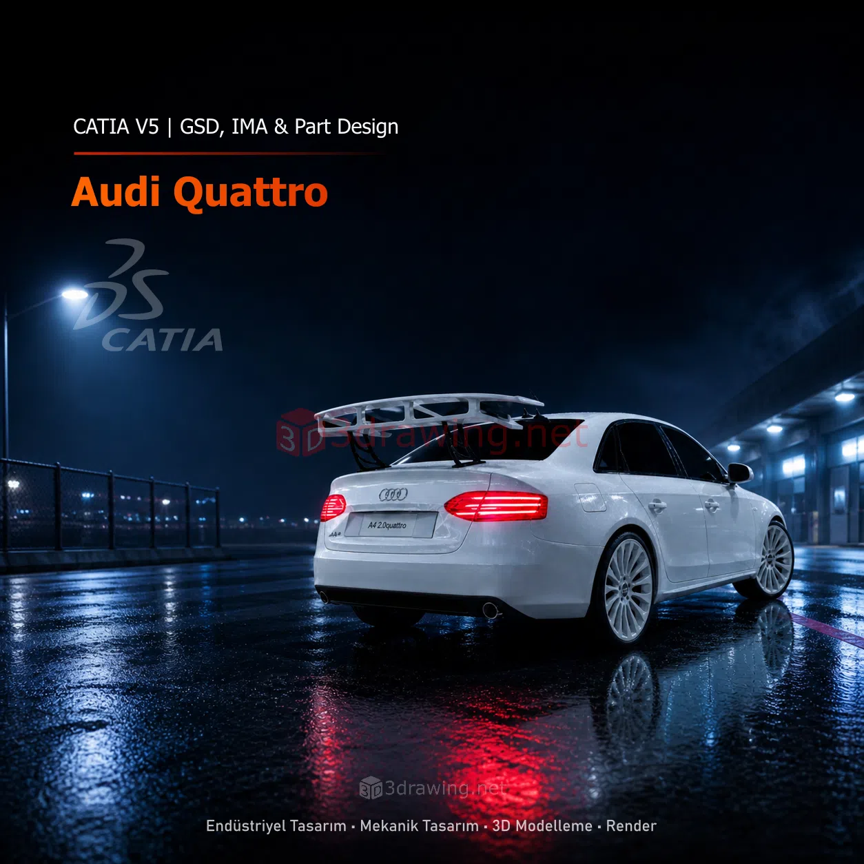 CATIA V5 ile modellenmiş beyaz Audi Quattro otomobil renderı