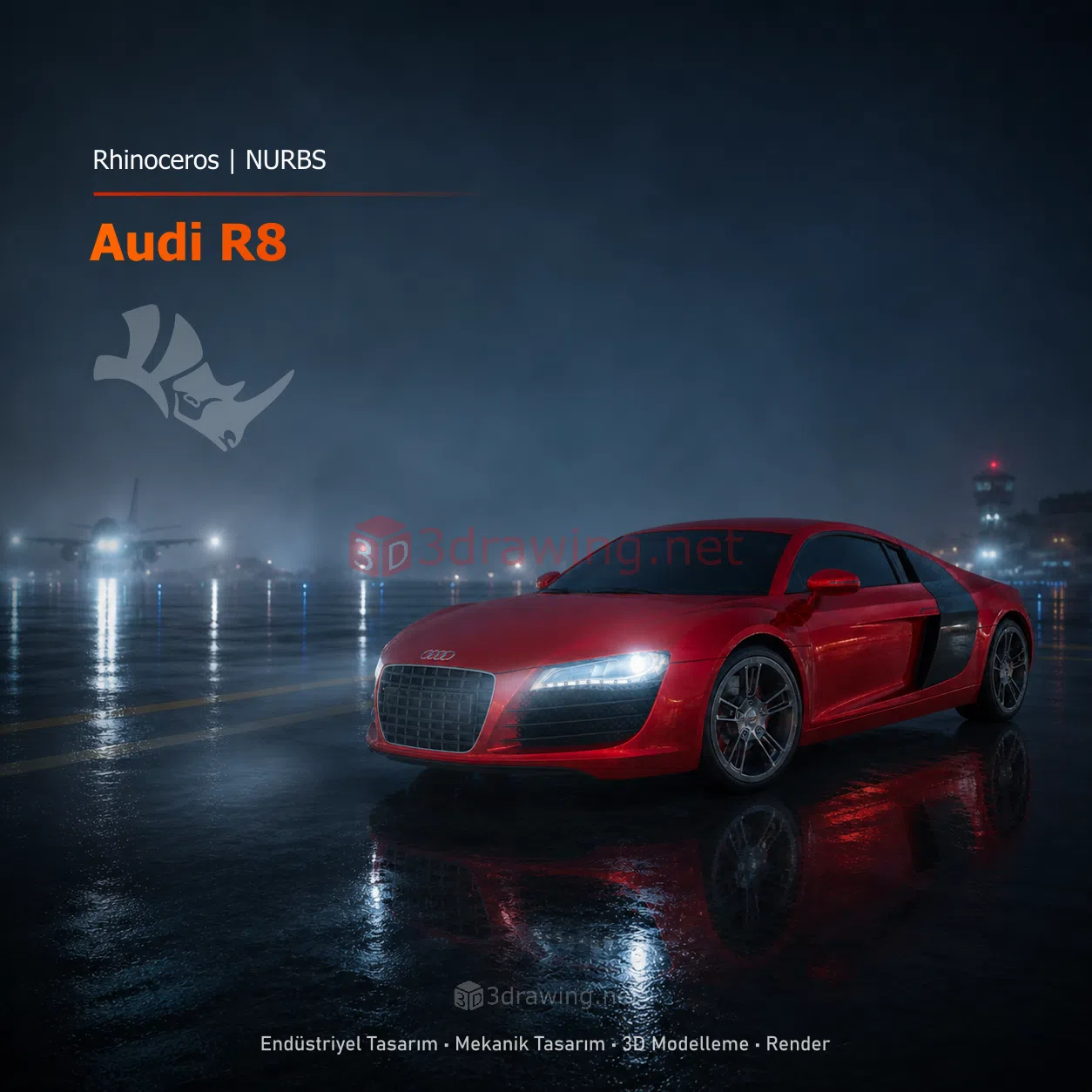 Rhinoceros ve KeyShot ile hazırlanmış kırmızı Audi R8 otomobil renderı