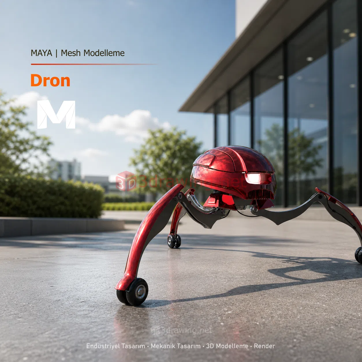 Maya ile hazırlanmış kırmızı siyah drone robot render görseli