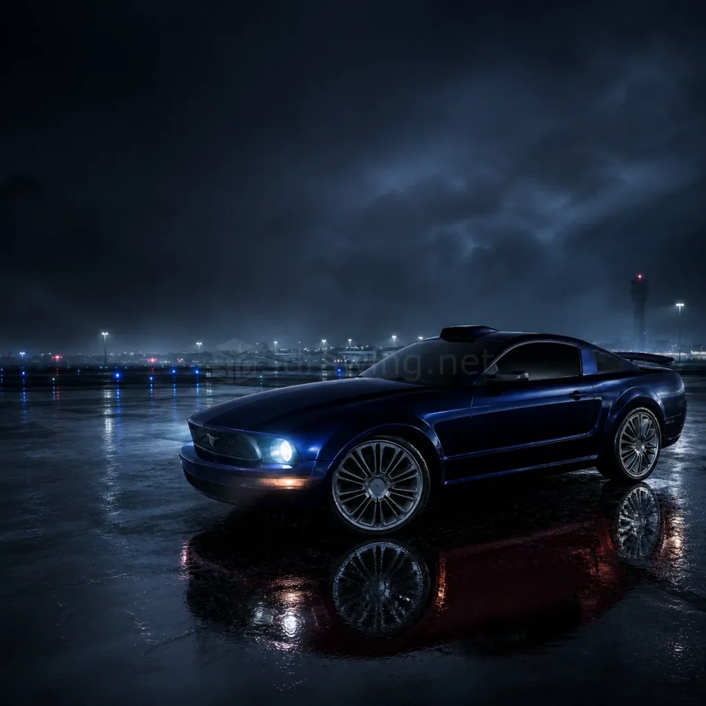 CATIA V5 ile modellenmiş Mustang GT otomobilin gece sahnesinde gerçekçi render görseli