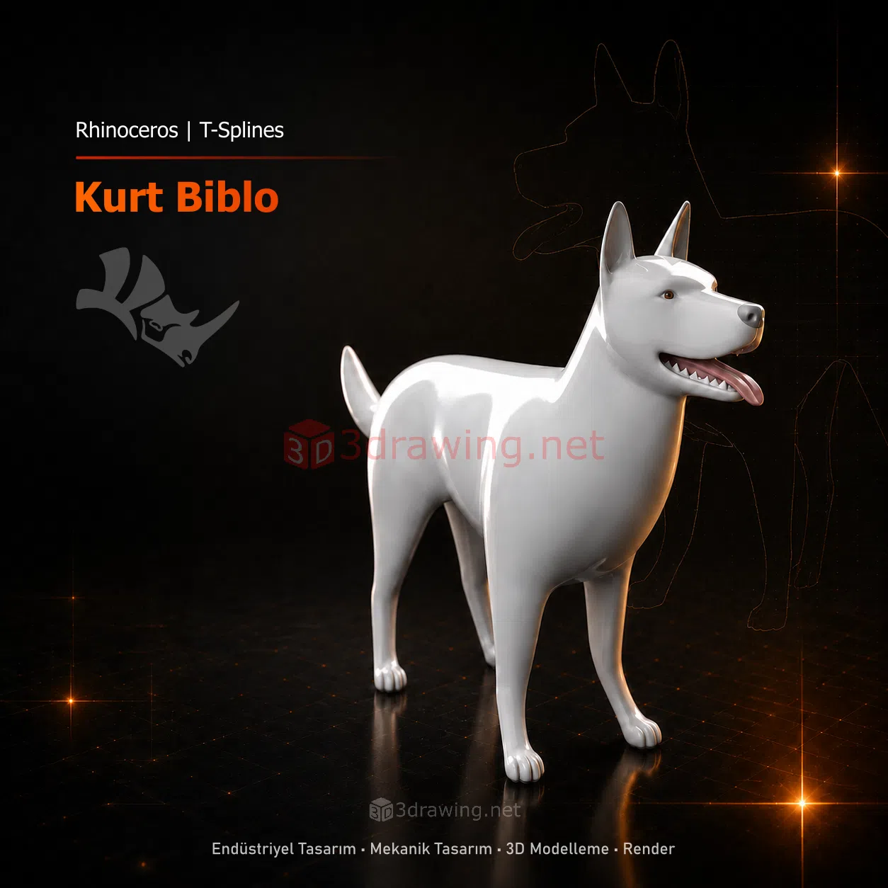 Rhinoceros ve T-Spline ile modellenmiş beyaz kurt biblo render görseli