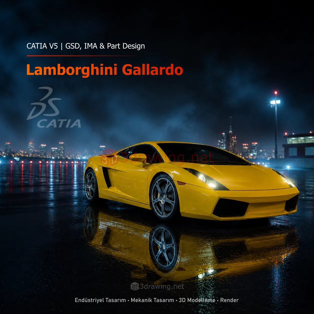 CATIA V5 ile modellenmiş sarı Lamborghini Gallardo otomobil renderı
