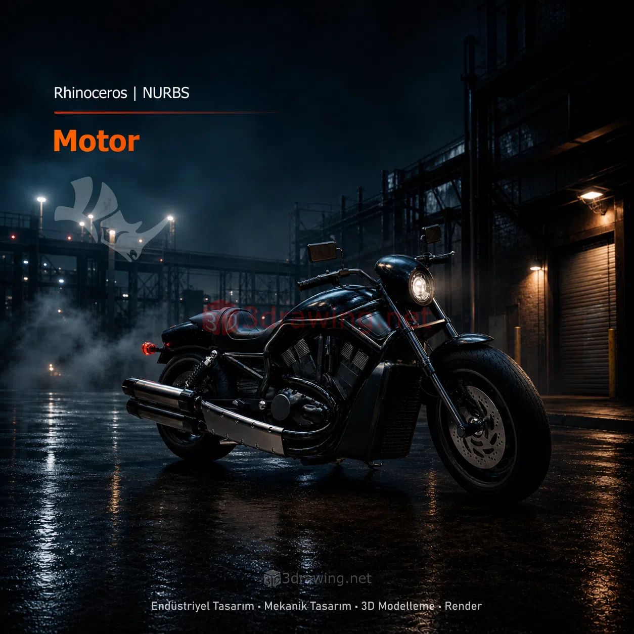 Rhinoceros ile modellenmiş siyah motosiklet render görseli