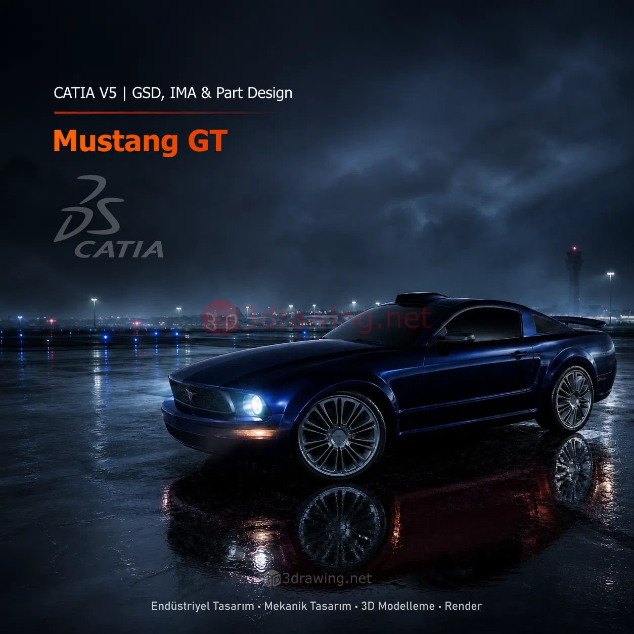 CATIA V5 ile modellenmiş Mustang GT otomobilin gece sahnesinde gerçekçi render görseli