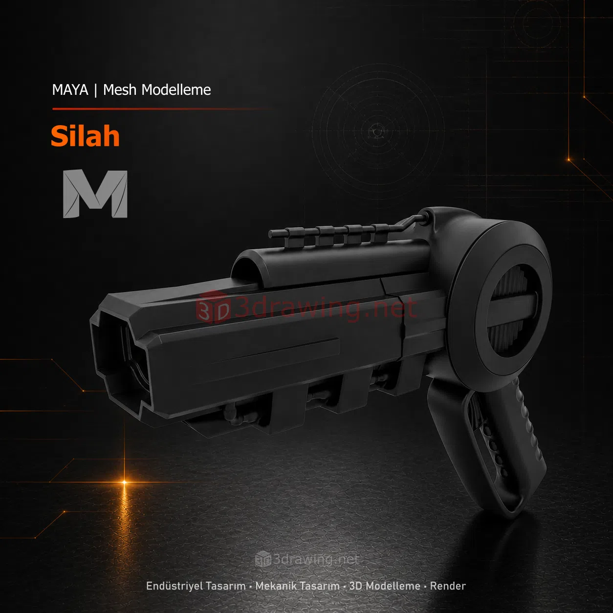 Maya ile modellenmiş futuristik silah tasarımı render görseli