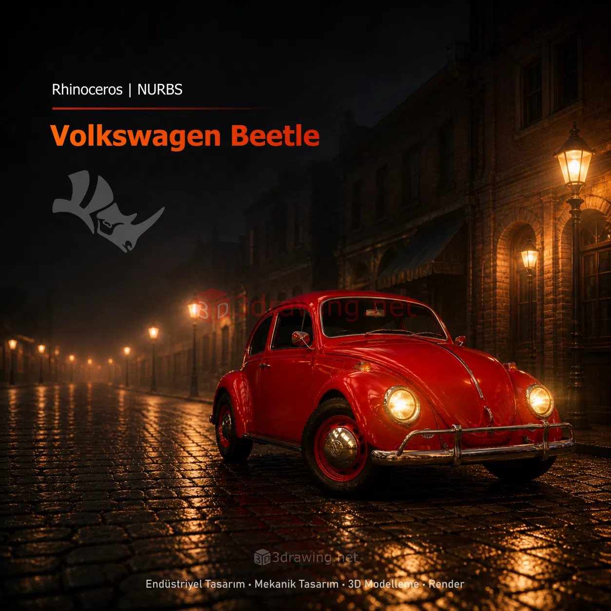 Rhinoceros ile modellenmiş kırmızı Volkswagen Beetle klasik otomobil renderı